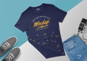 T-Shirt Mockup Scene containing pent camera & shoes