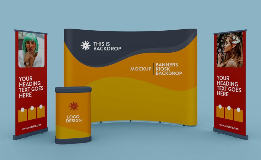 Free Exhibition Banner, Kiosk & Backdrop Mockup