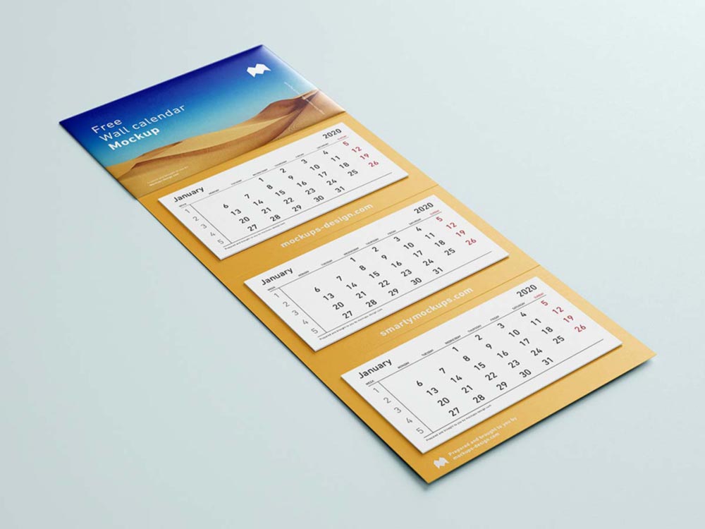 Free 3-Panel Display Wall Calendar Mockup