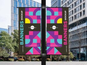 Free Outdoor Lamp Post Banners Mockup