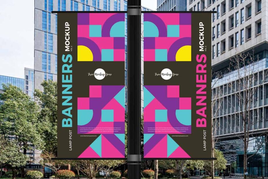 Free Outdoor Lamp Post Banners Mockup