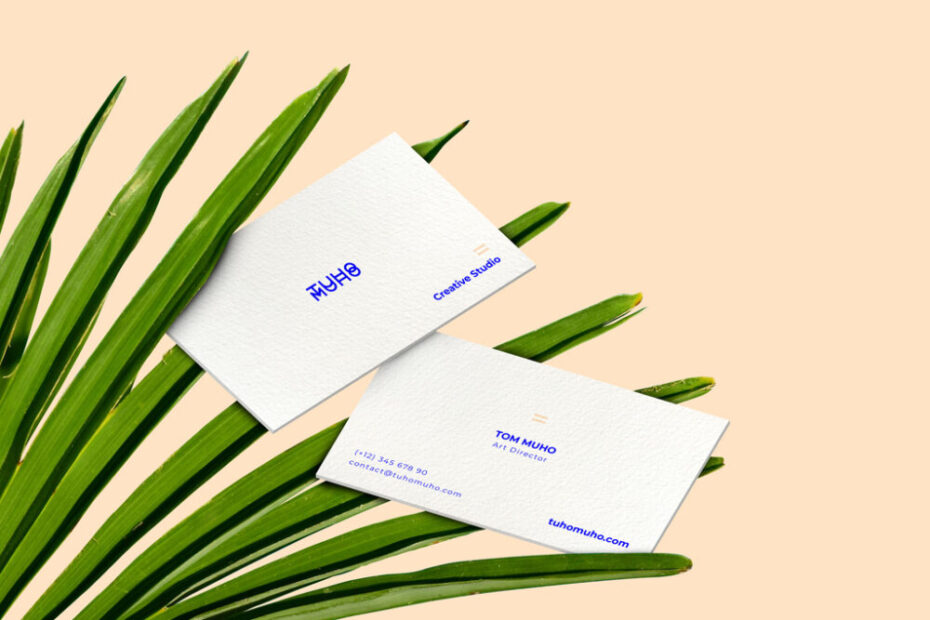 Free Business Cards and Palm Leaves Mockup